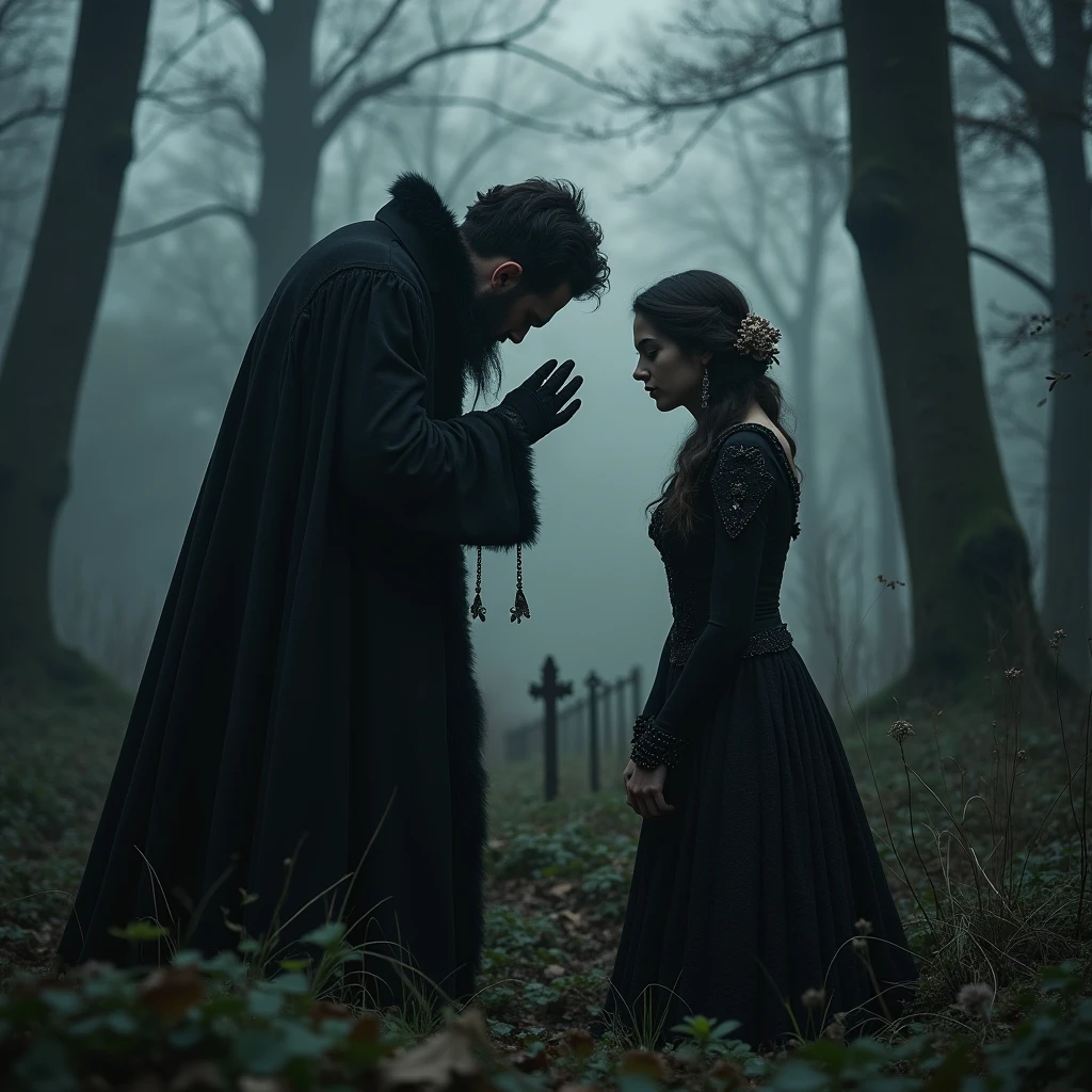 A Gothic man mourns his beloved at her grave