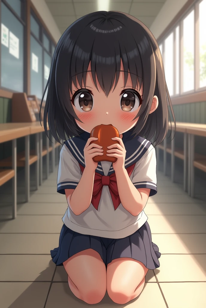 Holding a sausage with one hand, facing the sausage and preparing to eat it, a Japanese girl kneeling in elementary school realistic character has big breasts