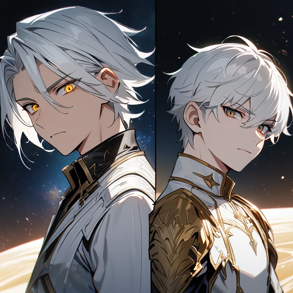 High quality, HD, 4k, no shadows, handsome male, 1male, 17 years old, teenager, short white hair, silver hair, white hair, sharp eyes, dark golden colored eyes, deep golden eyes, dark gold eyes, gold eyes, devil may cry, close up, calm expression, stoic expression, black leather clothes, white leather clothing, lean body, well trained body, upper body, looking at viewer, cowboy shot, white solar, space background