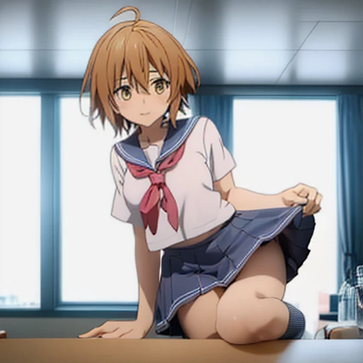 short hair、whole body、（1 Female、Sailor suit、Check skirt、Masturbation）、White panties、Long socks、Blushed、Confused、cute、short hair、whole bodyエスビアン、Light brown hair、(Highest quality）、 Glowing Skin、(1 Girl: nose, Naughty blush, Sweating）、shame
