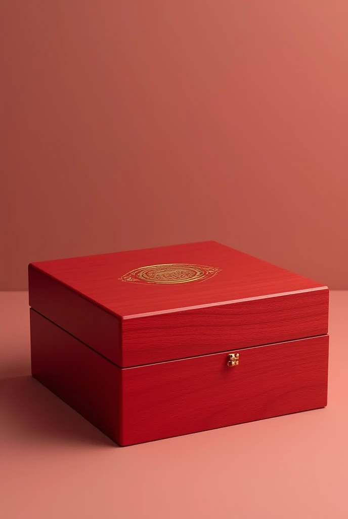 A wooden box cherry red colour with a mat gold logo on it