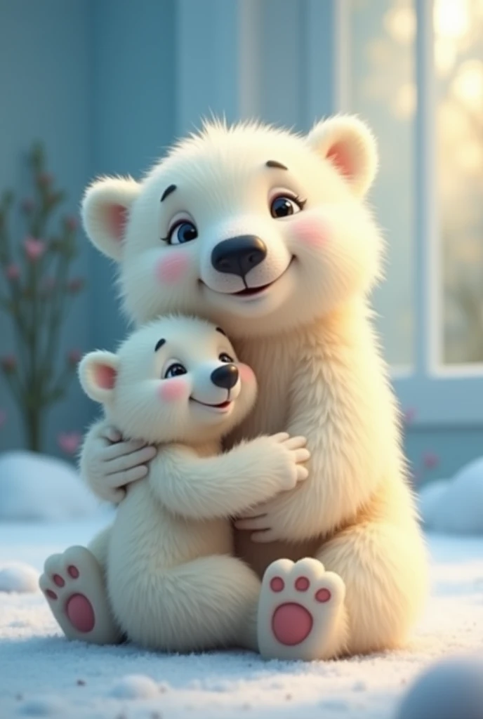 Wide shot, full shot, stunning, cute mother Polar bear smile, sitting and hugging her little baby, beautiful light, vivid color, Extra detail, studio quality UHD, HDR, 16K, 3D cartoon style.
