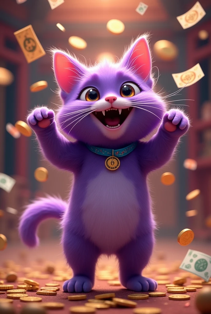 The talkative purple cat is happy and dancing. Talking will make you rich. It understands emotional communication background. Chinese style. When it opens, it will run out of money to communicate with other cats.