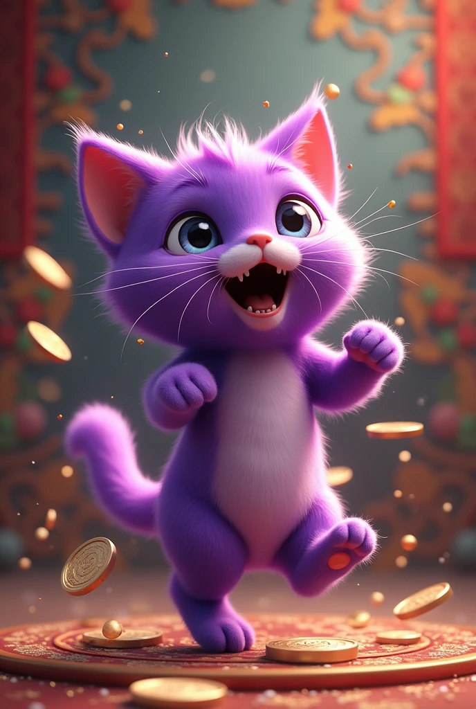 The talkative purple cat is happy and dancing. Talking will make you rich. It understands emotional communication background. Chinese style. When it opens, it will run out of money to communicate with other cats.