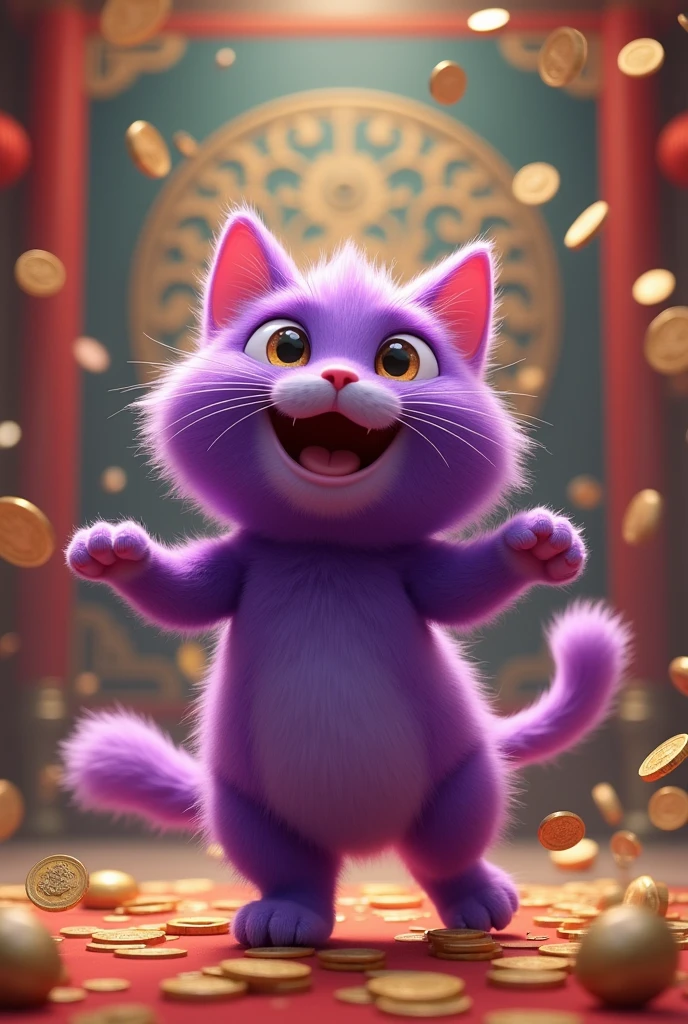 The talkative purple cat is happy and dancing. Talking will make you rich. It understands emotional communication background. Chinese style. When it opens, it will run out of money to communicate with other cats.
