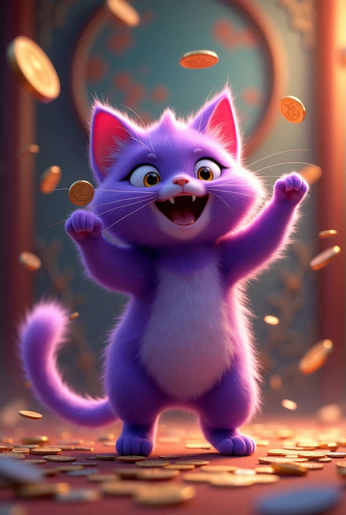 The talkative purple cat is happy and dancing. Talking will make you rich. It understands emotional communication background. Chinese style. When it opens, it will run out of money to communicate with other cats.