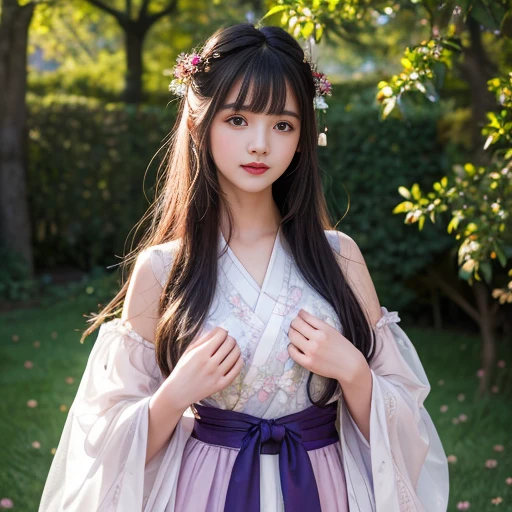 best quality, Delicate face,beautiful visual work, lifelike, eternity, black hair, Long curly hair, blunt bangs, Smile, Detailed Background, Delicate face,blush,cold,((masterpiece))、(top quality)、8k、high detail、Super detailed,21 years old female,身穿唐制Hanfu、waist skirt, Clothes are light and fluffy,Hanfu, wide sleeves, Transparent sleeves, Tunic, Clothes made of chiffon, masterpiece、born、Scenes resembling fairy tale illustrations、intricate details和複雜的設計、Beautifully、magic、capricious、 Beautifully、Dream aesthetics、「𝓡𝓸𝓶𝓪𝓷𝓽𝓲𝓬、ethereal、charming、fickle、magic」、realism、Visual effects、FXAA、SSAO、Shader、voiceless、ambient lighting、Tone mapping、High resolution、Ultra high quality、Million pixels、(8K resolution:1.10)、8k、8k以下、8K resolution、high detail、intricate details, (high quality:1.2、masterpiece:1.2、:1.21)、(21 years old female:1.21)、(興奮地Smile)、(被dream般的氛圍所包圍、Model diagram,full-body shot,Normal 2 feet,Put your hands behind you,The protrusion of the breast is visible when wearing clothes, Large Breasts, H cup chest, antiquity, Xian Xia, gauze clothes, Soft and fluttering, Fairy, dream, fantasy, light, Elegant, nature, Immortal, romantic, classical, ribbon, light purple clothes, In the woods, martial arts drama scene