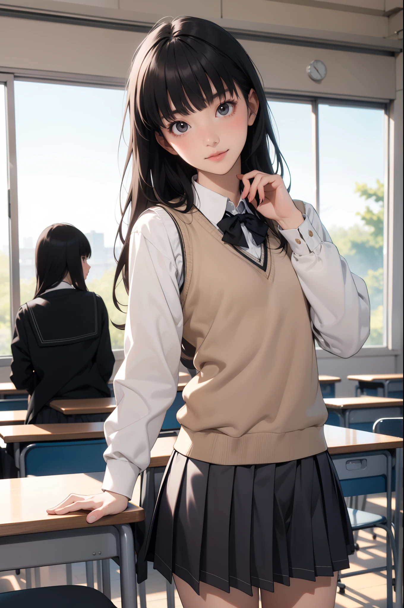 Tsukasaayatsuji, Tsukasa Ayatsuji, Black Hair, Long Hair, bangs, blunt bangs,
break kibito high school uniform, school uniform, Sweater vest,
break looking at viewer,
break indoors, classroom,
break