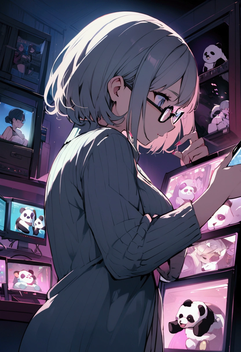 A woman wearing glasses is playing games on a computer or in a dark gaming room、A woman is holding a stuffed panda