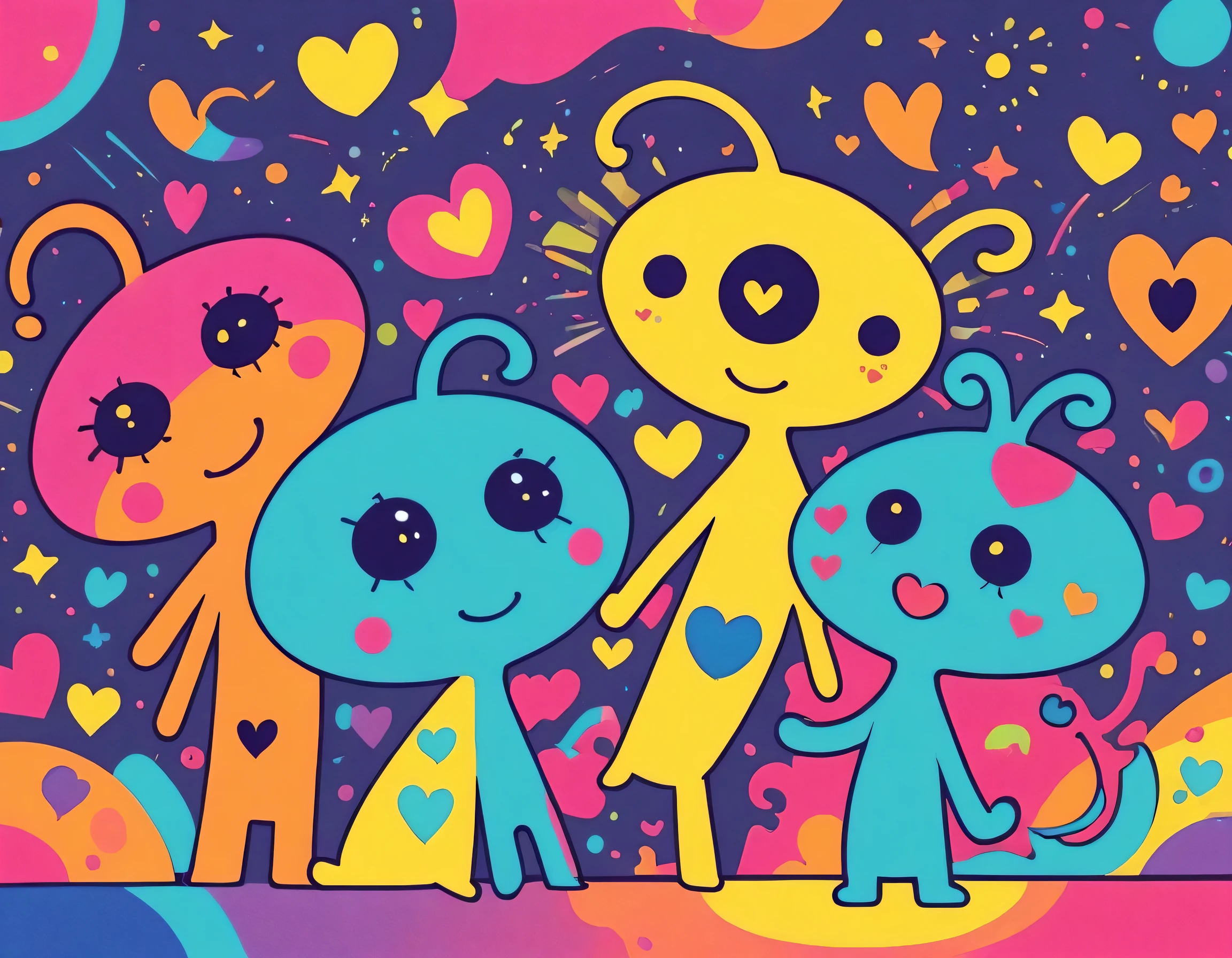 Keith Haring colorfull style, Simple Line Initialism,Abstract art, girls, colorful hearts, funny design, (((Cute Aliens))), The background is space