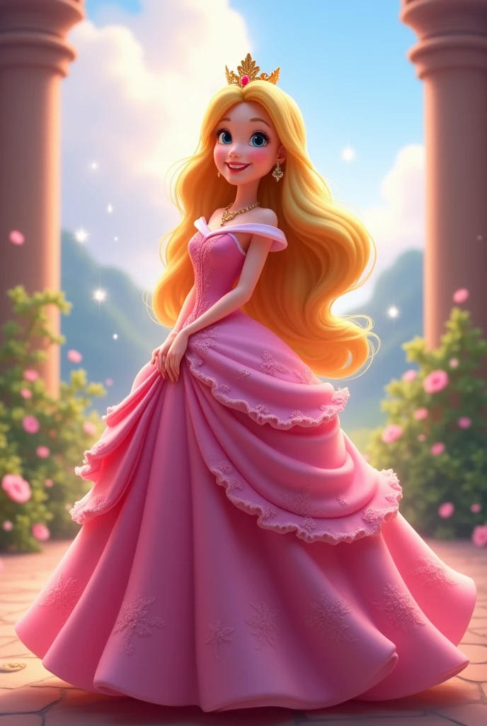 A Disney Pixar picture of aurora in sleeping beauty in Disney smiling wearing pink iconic dress