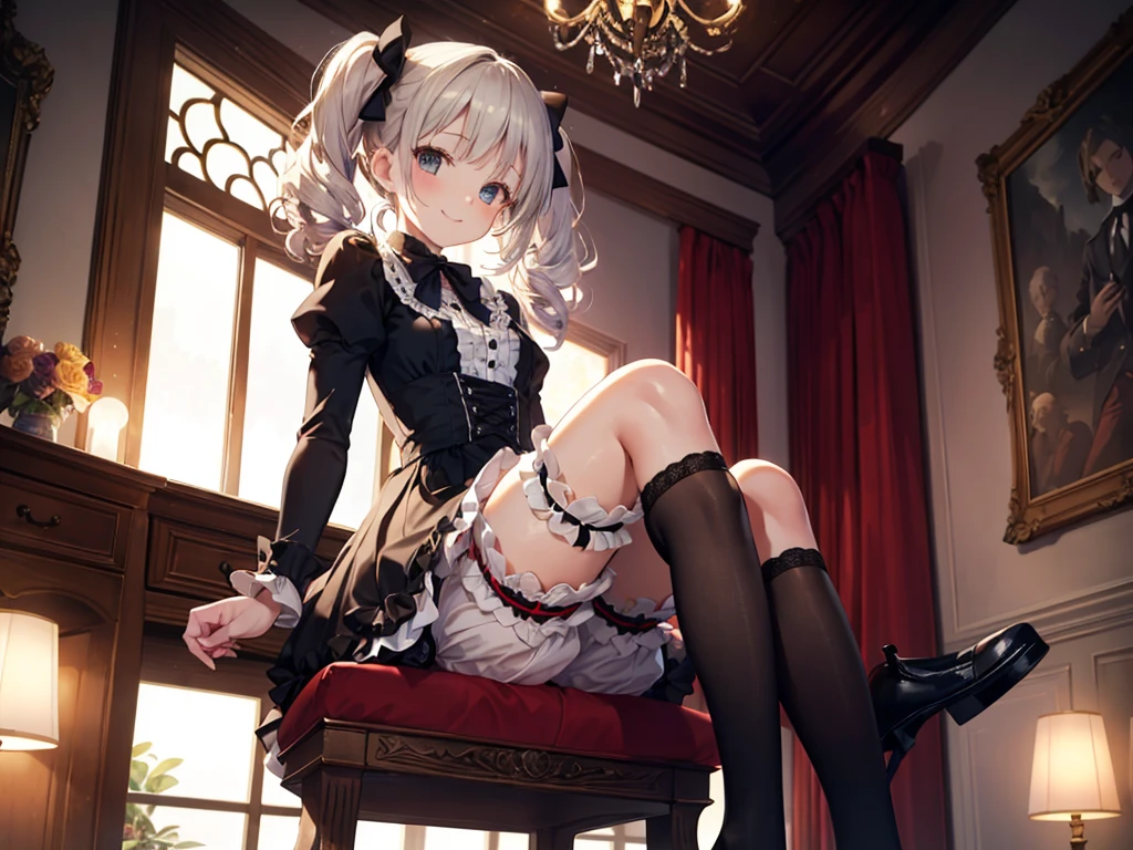 (masterpiece), 4K,young woman,More than one person,Gothic Lolita,Small breasts,Small Ass,Curly Twin Tails,Light bulb lighting,Realistic, skinny, Big smile,Garter Stockings,good,((,Wear bloomers under your skirt)),Sitting,((Frilled Skirt)),Angle from below the knee,Tea time together