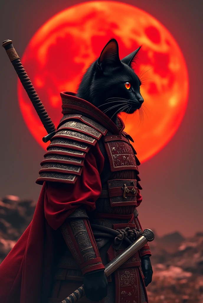 The image features a humanoid black cat with orange cat eyes in a red and silver samurai warrior's attire, standing against a backdrop of a large red moon the sky is glowing a dark red glow from the reflection of the moon light. The cat is positioned to the left side of the frame, facing right with its head slightly tilted upwards. It is wearing a detailed armor that resembles traditional samurai armor, complete with intricate designs and patterns. The armor is primarily red with silver accents, adding to the visual depth. The cat's ears are perked up, and its eyes are focused on something in the distance. A sword is sheathed on the cat's back, suggesting readiness for battle or a ceremonial stance. The red moon in the background casts an orange hue over the scene, creating a dramatic and intense atmosphere, retina, accurate, masterpiece, super detail, high details, best quality, award winning, highres, HD, 4K, 8k, 16k, retina, accurate, masterpiece, anatomically correct, textured skin, super detail, high quality, award winning, highres, 8k, 16k