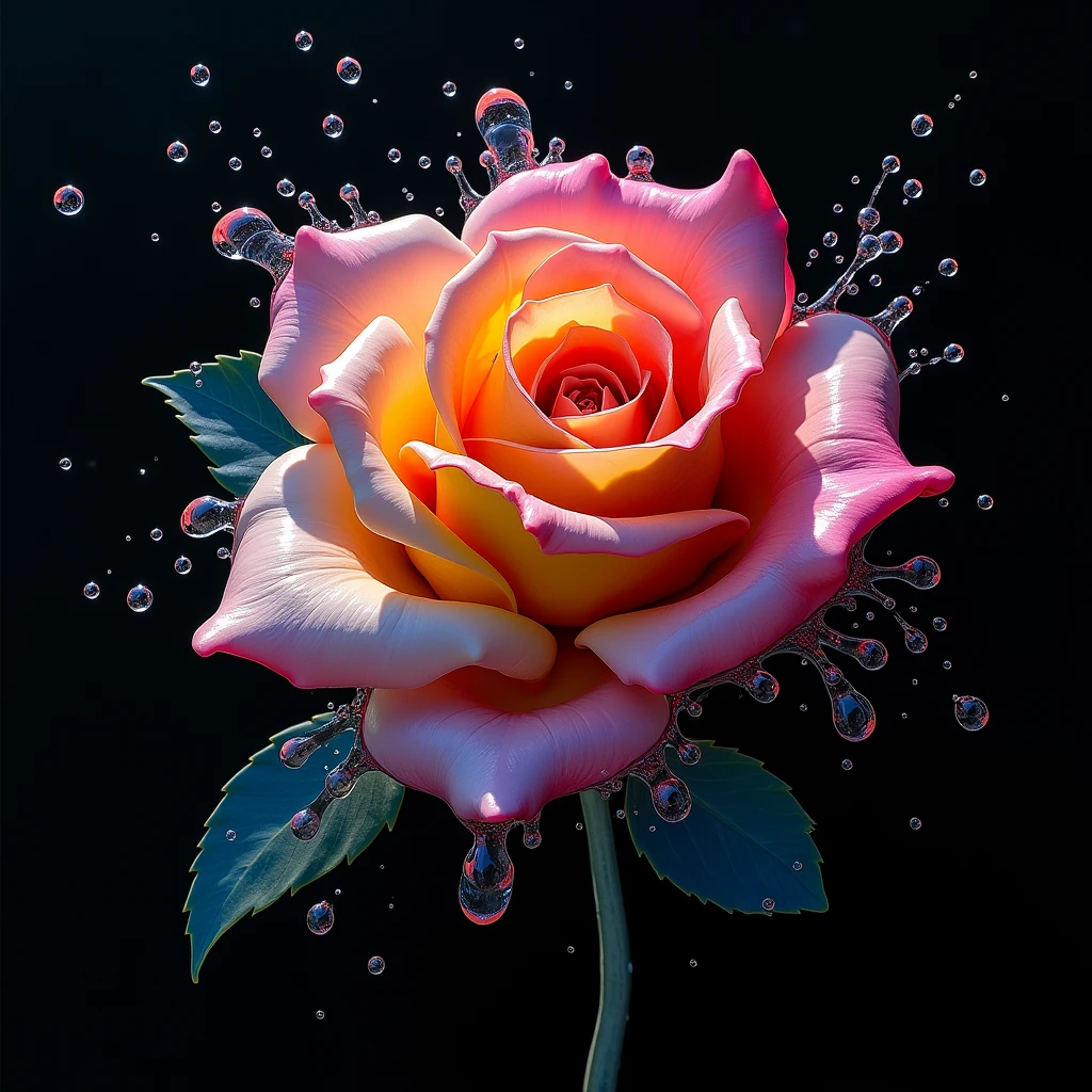((masterpiece)),Highest quality, On the black table々The colorful, clear liquid flows gently and mixes.,The spreading liquid spreads like a rose,Gloss and light reflection,Shooting with a single-lens reflex camera,Artwork,The color boundaries are blurred,There is no solid matter,The whole picture is seen from a top-down angle,The liquid does not splash