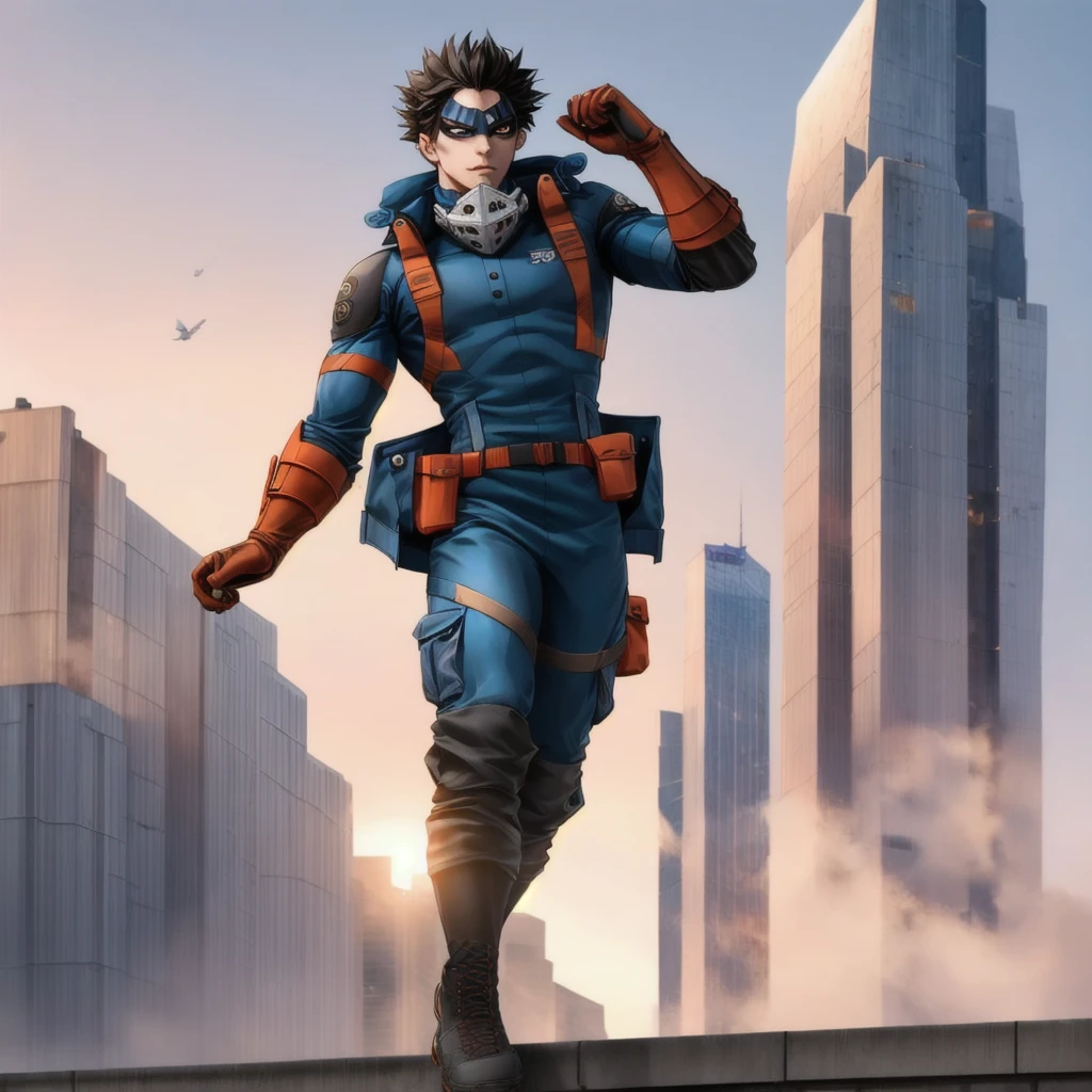 HomelanderComicACC, male superhero, male, 1 male, anime male, a man with black hair, stands tall and imposing, superhero outfit, a futuristic sci-fi style blue winter jacket on top of his bodysuit, a dark blue bodysuit, his face concealed by a falcon concept mask, full_mask, matching trousers, a belt cinched at the waist, colorful grey gloves, blue winter jacket on top of his bodysuit, jacket, cargo pants, he stands atop a futuristic high-rise, he surveys the city night view, this character embodies a finely crafted futuristic sci-fi, exquisite and mature manga art style, high definition, best quality, highres, ultra-detailed, ultra-fine painting, extremely delicate, professional, perfect body proportions, golden ratio, anatomically correct, symmetrical face, extremely detailed eyes and face, high quality eyes, creativity, RAW photo, UHD, 32k, Natural light, cinematic lighting, masterpiece-anatomy-perfect, masterpiece:1.5