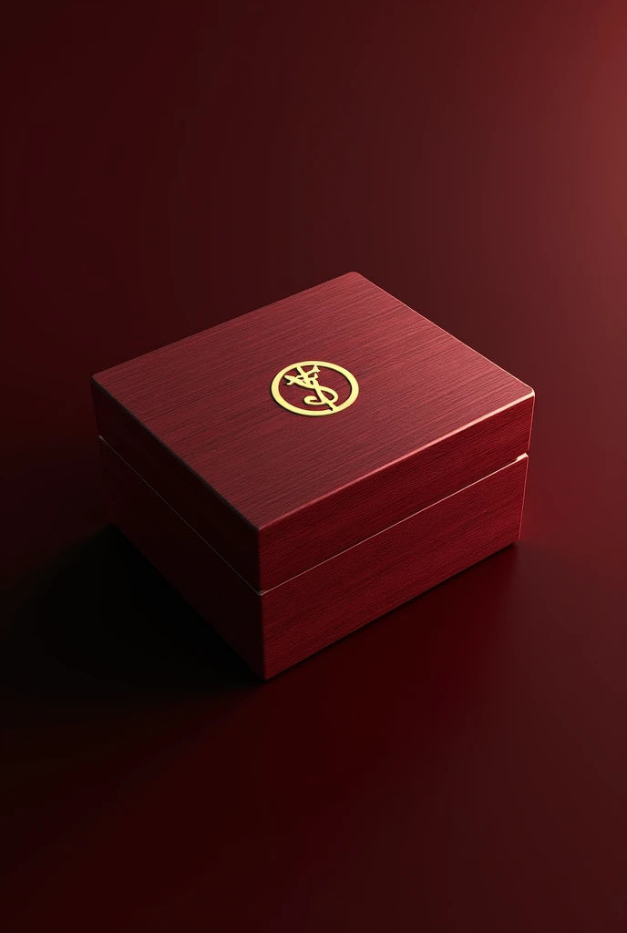 A wooden box deep cherry red colour with a mat gold logo on it