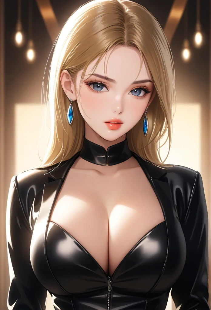 A beautiful young woman, 1girl, hourglass figure, seductive pose, leather suit, silky blunt blonde hair, heavy silver jhumka earrings, cleavage, detailed face with stunning eyes, full lips, flawless makeup, dark cinematic lighting, dramatic photorealistic effect, masterpiece-level 8K rendering, ultra-detailed, realistic, photo-realistic, HDR, UHD, studio lighting, ultra-fine painting, sharp focus, physically-based rendering, extreme detail description, professional, vivid colors, bokeh