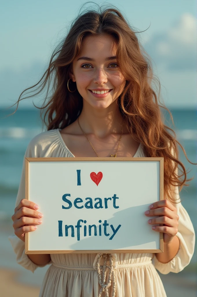 Beautiful girl with wavy long hair, bohemian dress, holding a white board with text "I Love Seaart Infinity" and showing it to the viewer