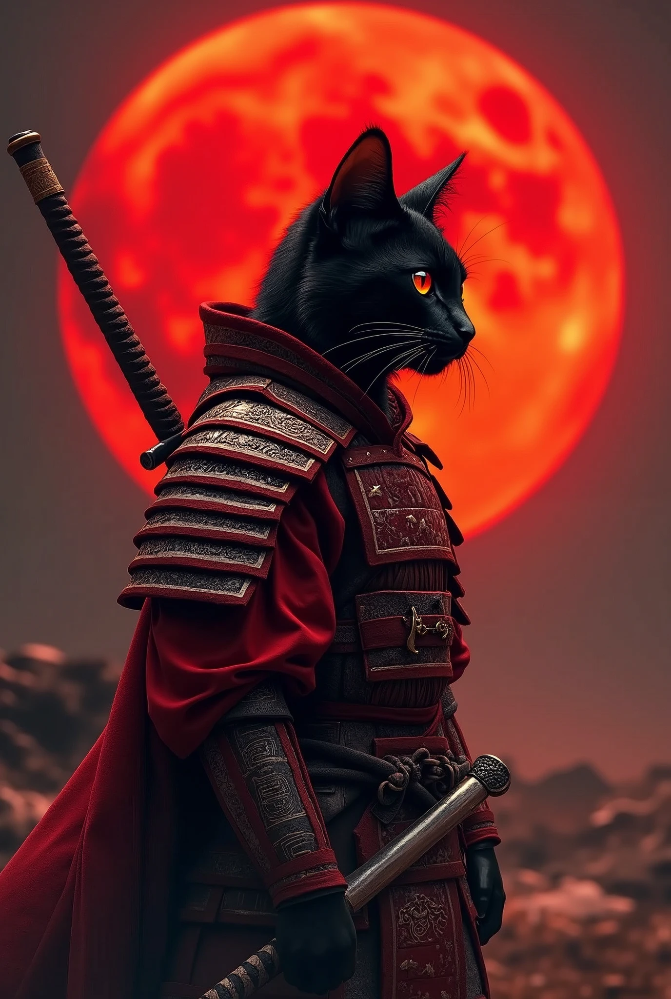The image features a humanoid black cat with orange cat eyes in a red and silver samurai warrior's attire, standing against a backdrop of a large red moon the sky is glowing a dark red glow from the reflection of the moon light. The cat is positioned to the left side of the frame, facing right with its head slightly tilted upwards. It is wearing a detailed armor that resembles traditional samurai armor, complete with intricate designs and patterns. The armor is primarily red with silver accents, adding to the visual depth. The cat's ears are perked up, and its eyes are focused on something in the distance. A sword is sheathed on the cat's back, suggesting readiness for battle or a ceremonial stance. The red moon in the background casts an orange hue over the scene, creating a dramatic and intense atmosphere, retina, accurate, masterpiece, super detail, high details, best quality, award winning, highres, HD, 4K, 8k, 16k, retina, accurate, masterpiece, anatomically correct, textured skin, super detail, high quality, award winning, highres, 8k, 16k