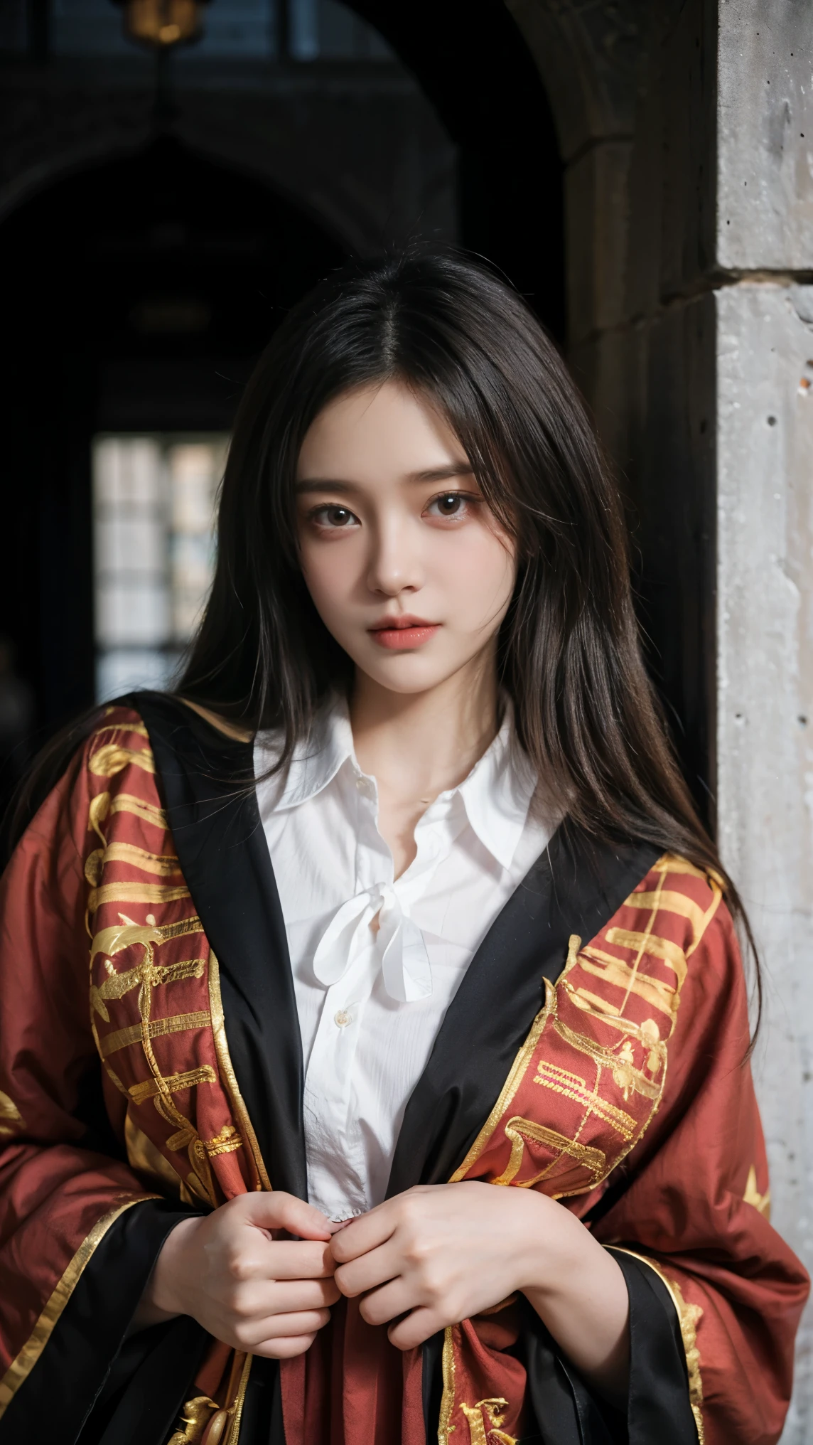 Masterpiece, best quality, ultra-realistic, photorealistic, a beautiful young girl with fair skin, big almond-shaped eyes, smooth black hair, and a gentle smile, wearing a Gryffindor costume with red and gold colors. The costume features the Gryffindor crest, a red and gold striped tie, and a black robe with red lining. Ensure detailed, proportional hands and face. Clean background with subtle hints of Hogwarts surroundings, such as a stone wall or a glimpse of the castle’s interior. High resolution, full-body view, natural skin texture, cinematic lighting, detailed textures for the Gryffindor costume.