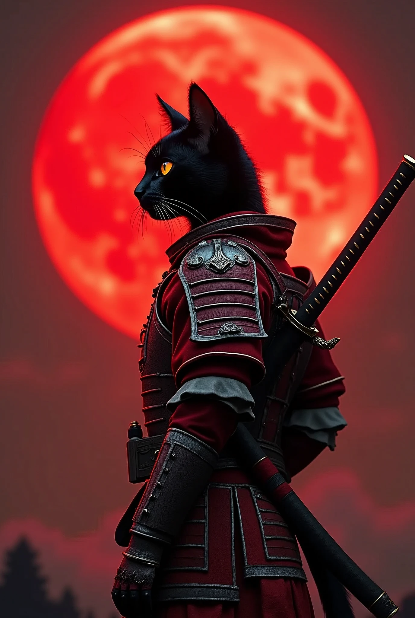 The image features a humanoid black cat with orange cat eyes in a red and silver samurai warrior's attire, standing against a backdrop of a large red moon the sky is glowing a dark red glow from the reflection of the moon light. The cat is positioned to the left side of the frame, facing right with its head slightly tilted upwards. It is wearing a detailed armor that resembles traditional samurai armor, complete with intricate designs and patterns. The armor is primarily red with silver accents, adding to the visual depth. The cat's ears are perked up, and its eyes are focused on something in the distance. A sword is sheathed on the cat's back, suggesting readiness for battle or a ceremonial stance. The red moon in the background casts an orange hue over the scene, creating a dramatic and intense atmosphere, retina, accurate, masterpiece, super detail, high details, best quality, award winning, highres, HD, 4K, 8k, 16k, retina, accurate, masterpiece, anatomically correct, textured skin, super detail, high quality, award winning, highres, 8k, 16k