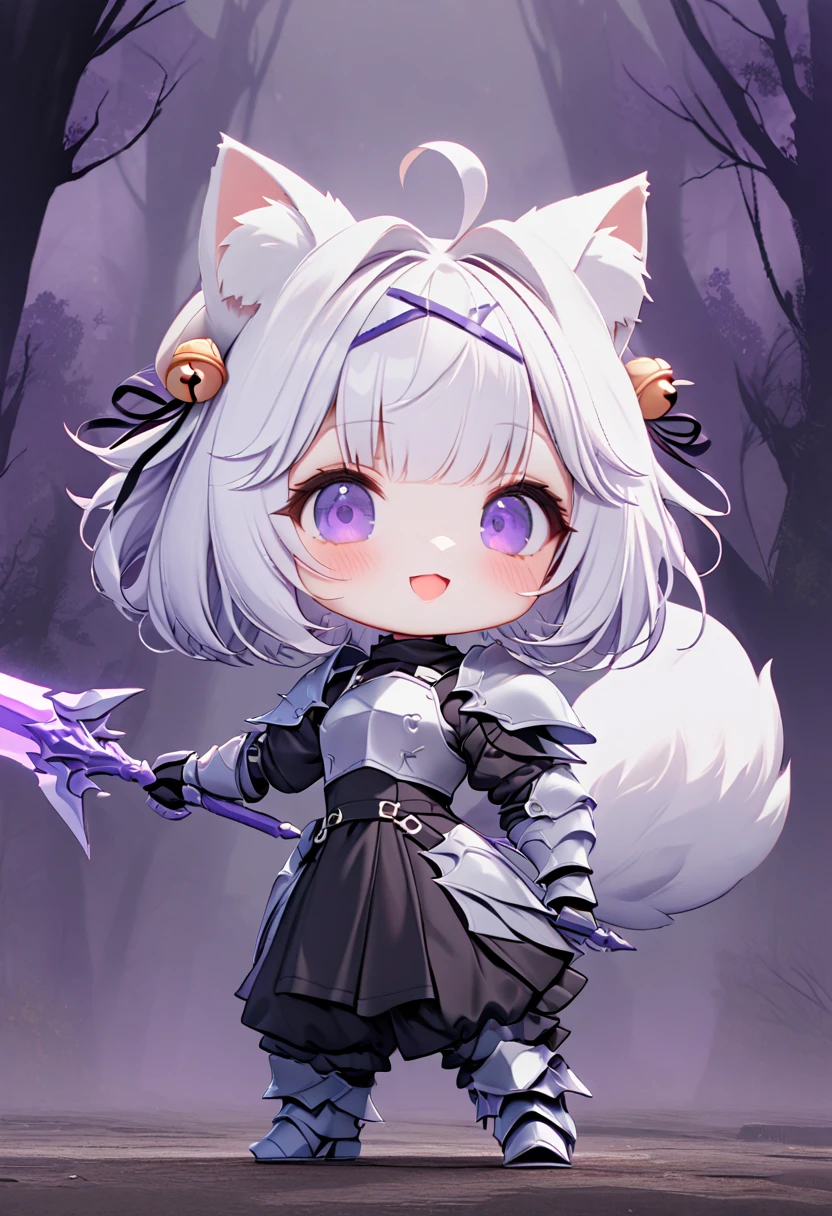 master piece, best quality, ultra-detailed, illustration, 1girl, solo, chibi, (big head), cute pose, front view, looking at viewer, ((full body Close up)), filian, filianoverall, Filiansailor, ((white hair)) , short hair, shoulder length hair, fly-away hair, bangs, purple hairclip, purple hair ornament, cat ears, (hair bell:1.3) ahoge, purple eyes, open mouth, smiling, (white fox tail), ((spear knight outfit)), knight's armor, metal breastplate, armored gloves, weilding 1sword , glowing sword , metal greaves, armored boots, spooky forest background, gloomy atmosphere, broken trees