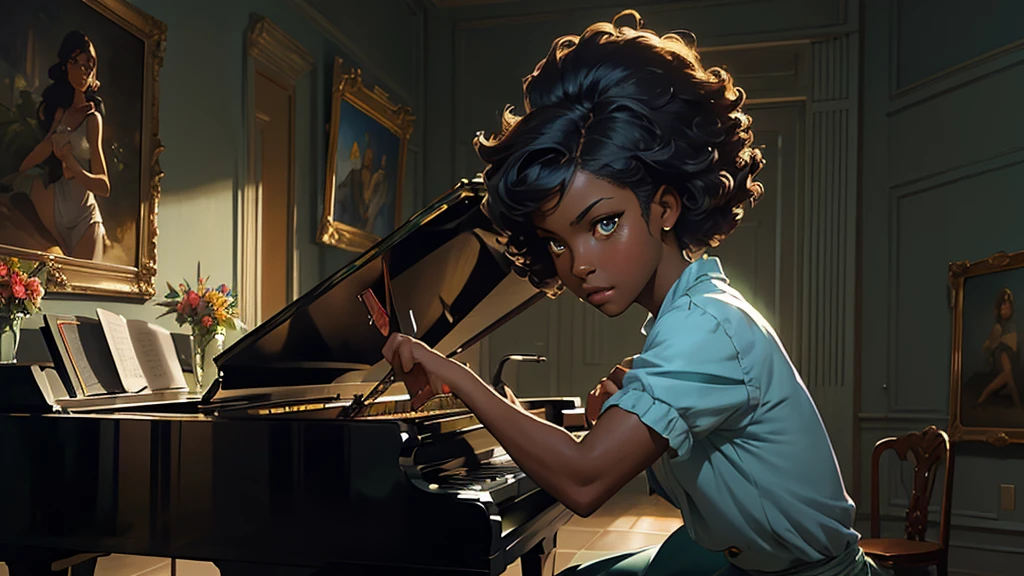 ((Solo Beautiful Caribbean woman with dark skin and striking eyes)), shadowed interior background, art by akihiko yoshida, manga art style, colorfield illustration, Scary atmosphere, global illumination, by frank frazetta, art by goro fujita, glamour shot, banner, blur, anime key visual, (blue, yellow and grey colors), dramatic photo, anime girl, Intricate details, chiaroscuro, pino daeni, impressionist (best quality, masterpiece), play a piano