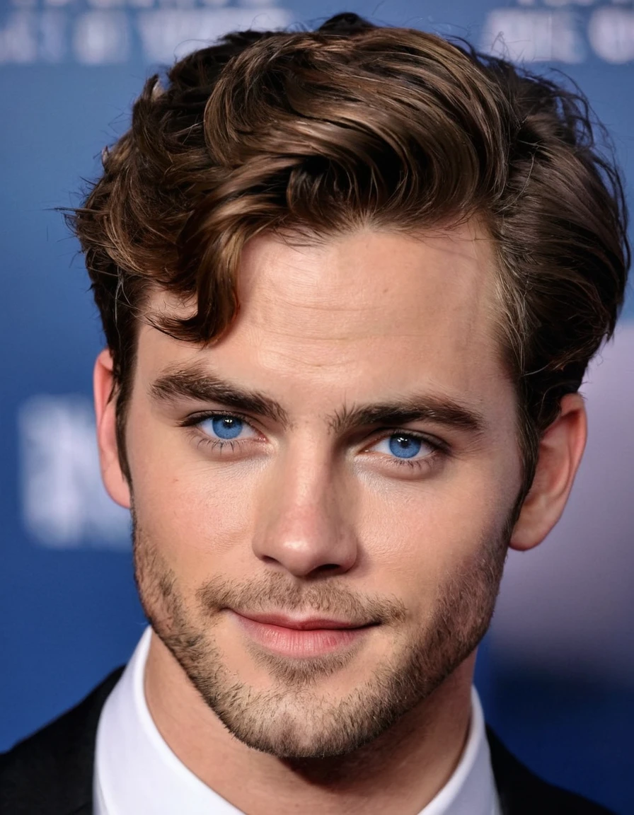 A shoulders-up portrait of a handsome Caucasian male whose facial features are a combo of Chris Pine + Drew Fuller + Chris Wood + Jack Quaid + Paul Wesley + Andrew Garfield + Christopher Mintz-Plasse + Aaron Taylor-Johnson + Tom Holland + K.J. Apa. The male is 18 years old. The male is of Irish, Polish, and Dutch ancestry. The male has tousled brown hair and blue eyes. The male is clean-shaven. The male is dressed in the geek-chic fashion. The male looks playful yet kindly. Symmetrical eyes. Symmetrical face. Great details. Photorealistic. Full-colored photo. Professional photo. Highly detailed 8K.