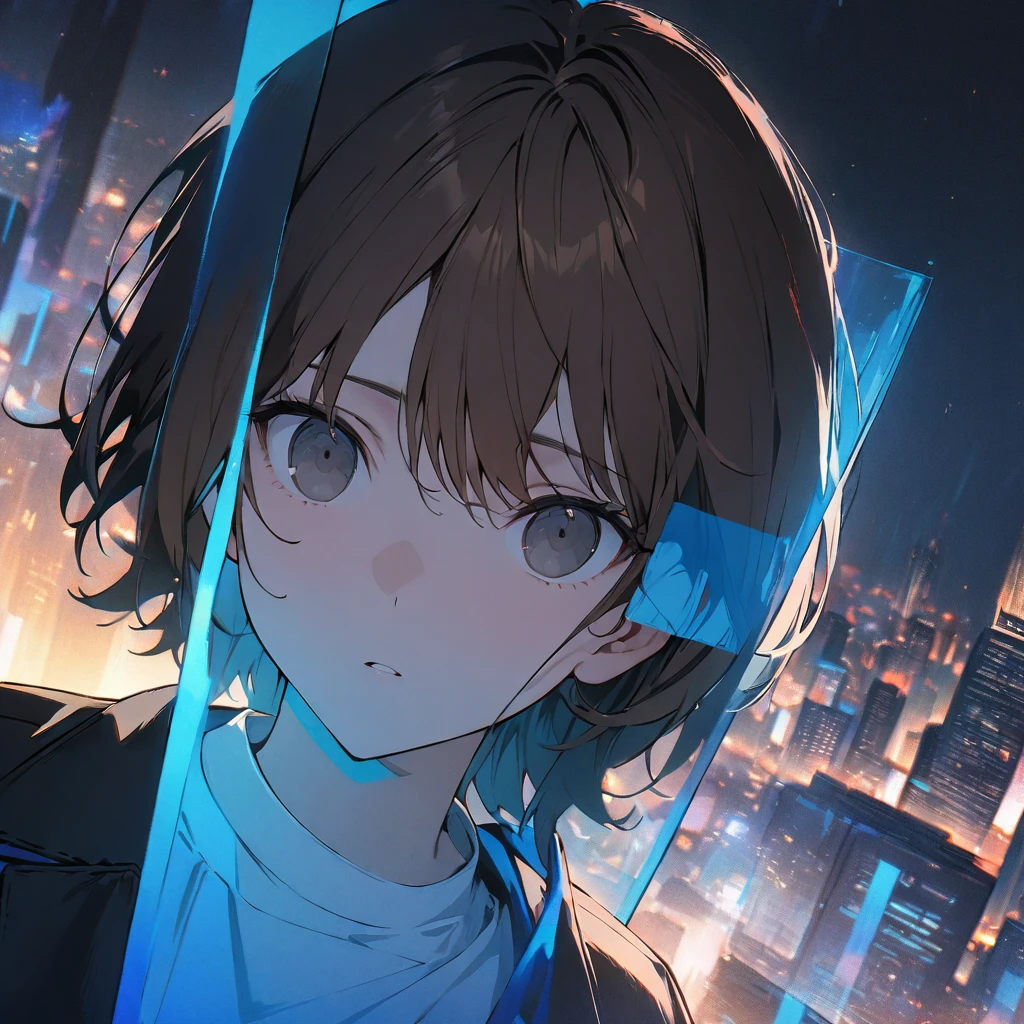 (BEST QUALITY), (MASTERPIECE), illustration, Extremely_detail, 4k wallpaper , midnight, man, black jacket, white T-shirt, black jeans, 18 years old , brown Hair, short hair, black eyes, , blue holographic float infront of the face, smart, Background of the city