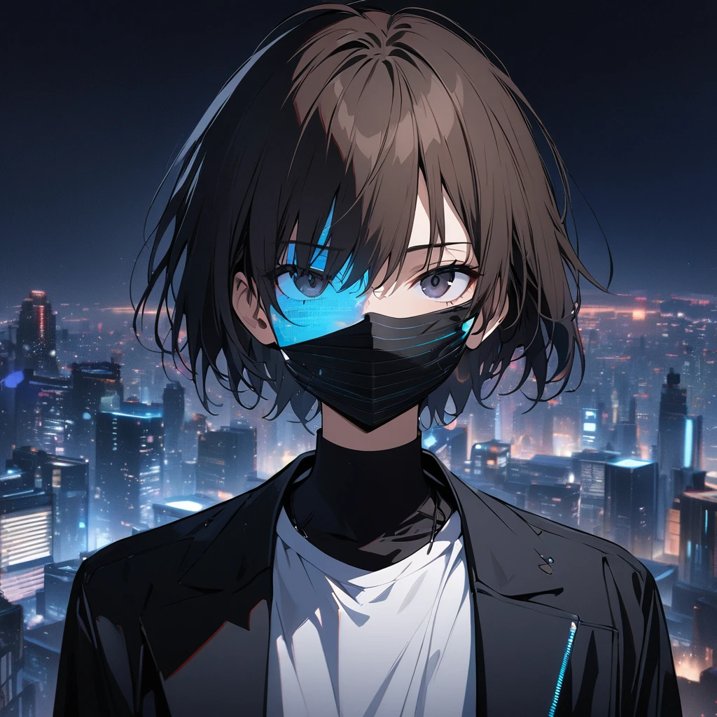 (BEST QUALITY), (MASTERPIECE), illustration, Extremely_detail, 4k wallpaper , midnight, man, black jacket, white T-shirt, black jeans, 18 years old , brown Hair, short hair, black eyes, , blue holographic float infront of the face, smart, Background of the city