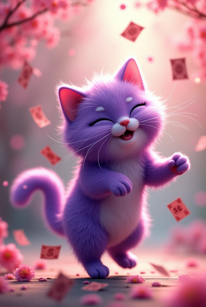 The talkative purple cat dances happily with joy. Interacts with other cats and makes money by talking. It understands emotional communication. Background Chinese style peach blossom cat sprays money from its mouth.