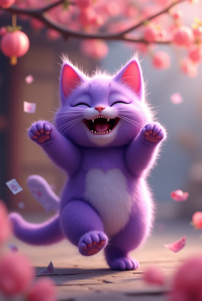 The talkative purple cat dances happily with joy. Interacts with other cats and makes money by talking. It understands emotional communication. Background Chinese style peach blossom cat sprays money from its mouth. 