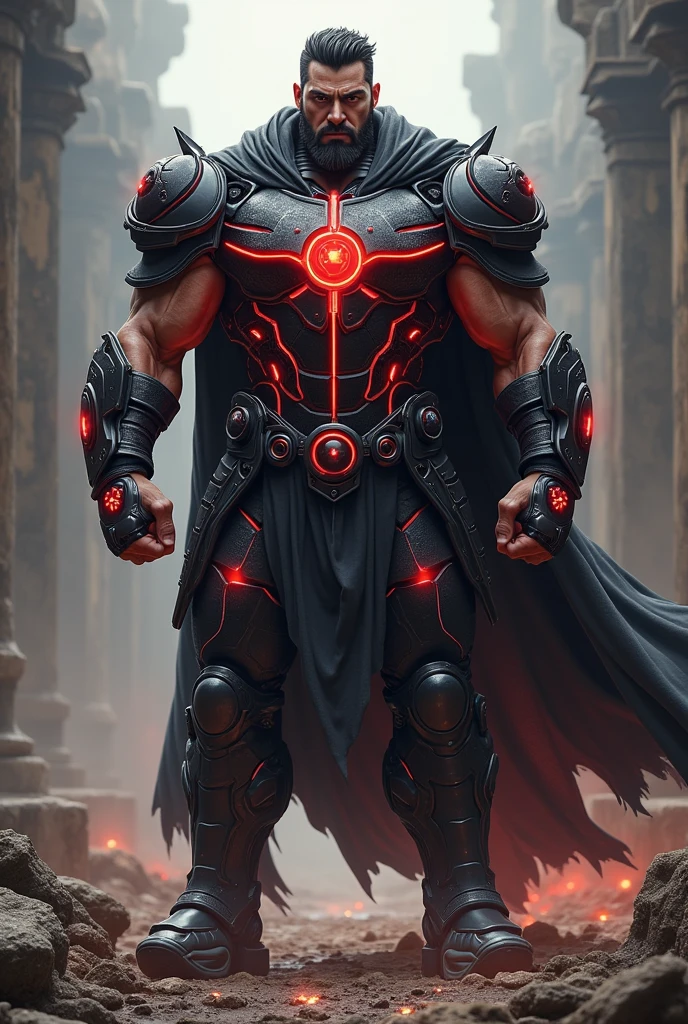 Titanus - Name: Titanus - Age: 30 years old - Physical Description: - Muscular and stocky body, about 2 meters tall. - Has red lines that appear on his skin when his power is activated. These lines form patterns that resemble ancient symbols or runes. - His face is firm with a strong jaw and sharp eyes. - Short, dark hair, often neatly combed. - **Clothes:** - Wear functional combat clothing with a chest protector and protective plates on the arms and legs. - The dominant color of clothing is black or dark gray with red accents that light up when the power is activated. - Clothing integrated with technology to increase durability and strength.