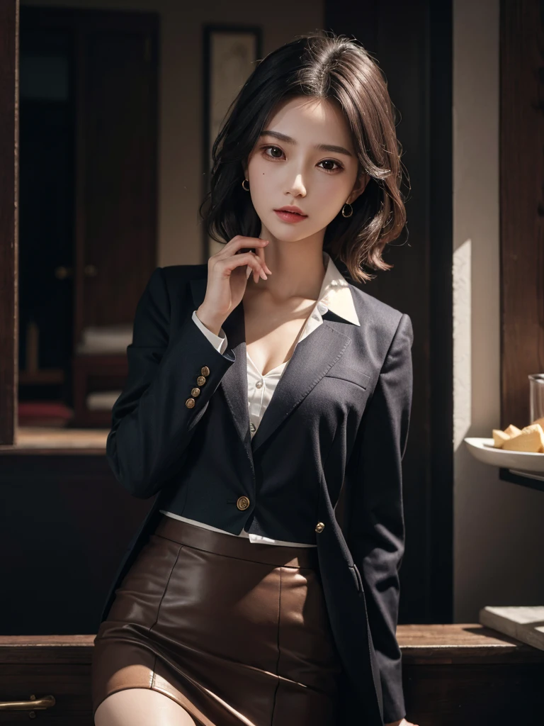 absurdres, RAW photo, extremely delicate and beautiful, masterpiece, Best Quality, ultra high resolution, 32k, hyper realistic, ultra-detailed, Very detailed CG 8k wallpaper, detailed background, landscape, Beautiful Lighting, Perfect Lightning, Realistic Shadows, perfect anatomy, anatomically correct, ideal ratio body proportions, perfect figure, Perfect Style, Perfect balance, super Detailed skin, in her 10s, very Slim body, narrow waist, very small head, very small face, delicate facial features, handsome detailed woman, very detailed eyes and face, realistic face proportions, Realistic beautiful face, Realistic beautiful eyes, tearful mole, earring, whole body shot, whole legs, very huge round tits, medium short hair, asymmetrical hair, wavy hair, business suit, blazer, blouse, skirt,