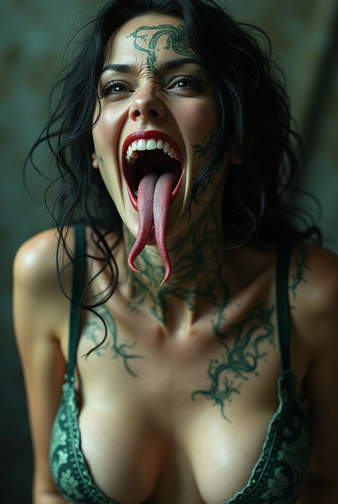 This woman&#39;s fangs become sharp and her tongue becomes like a snake., The skin becomes plasticy, The eyes are snake eyes but still pretty and sexy The clothes are only underwear
