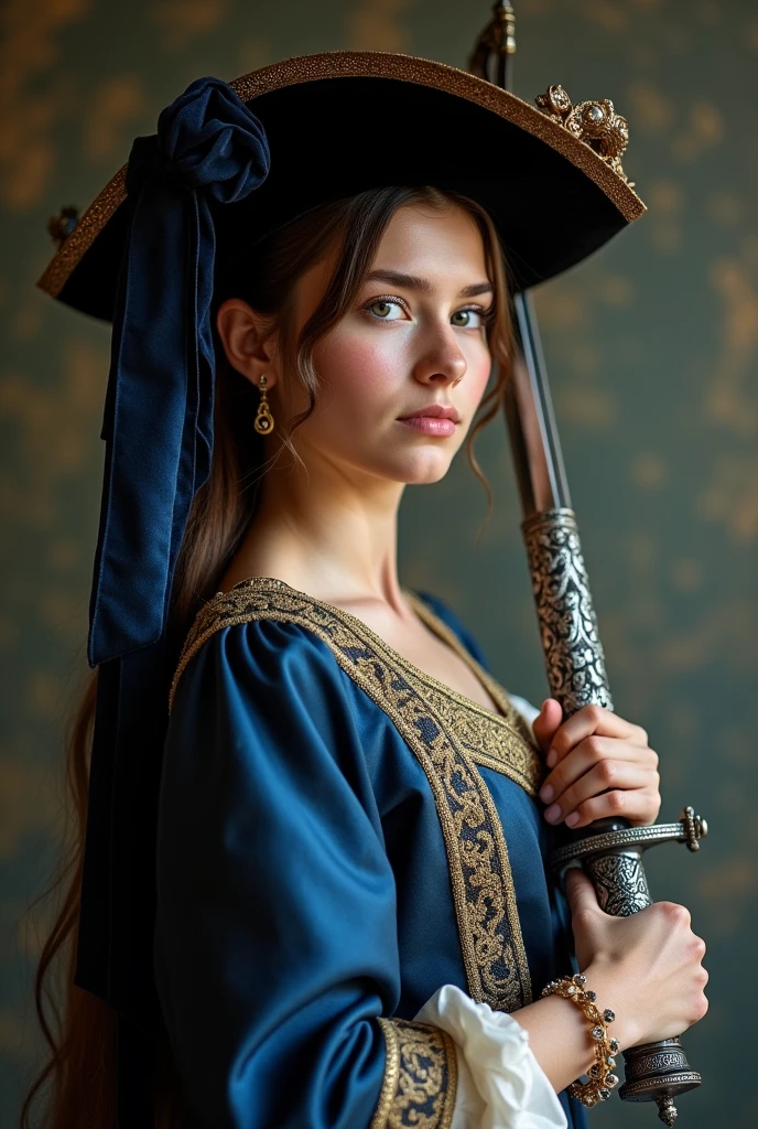 When we imagine this girl in traditional 18th century British clothing，She holds an elegant sword，Standing。Here is her vivid image:，Focus on the sword-holding action：

She was wearing a gorgeous 18th century British aristocratic robe，Dark blue silk shimmers with golden fabric edges。On her arms she wore delicate gold and silver bracelets，Complements the silk belt around the waist，Highlighting her noble and elegant figure。

She wore a black velvet hat on her head.，The brim is inlaid with gold embroidery and small jewels，The hat is tied with a dark blue ribbon.，Falling softly behind her。

However，The most eye-catching thing is the long sword in her hand。The hilt is covered with exquisite silver ornaments，The scabbard is engraved with intricate patterns。She held the hilt gracefully.，The sword tilts forward slightly，Demonstrating her mastery of swordsmanship and her confident and calm demeanor。

Her eyes were focused and deep，As if thinking about the unknown and her own future。The long sword in her hand is both a weapon，It is also a symbol，It symbolizes her courage、Determination and the pursuit of adventure。