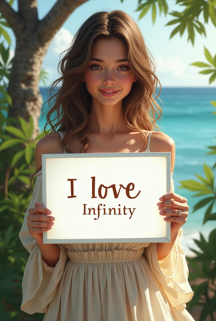 Beautiful girl with wavy long hair, bohemian dress, holding a white board with text "I Love Seaart Infinity" and showing it to the viewer