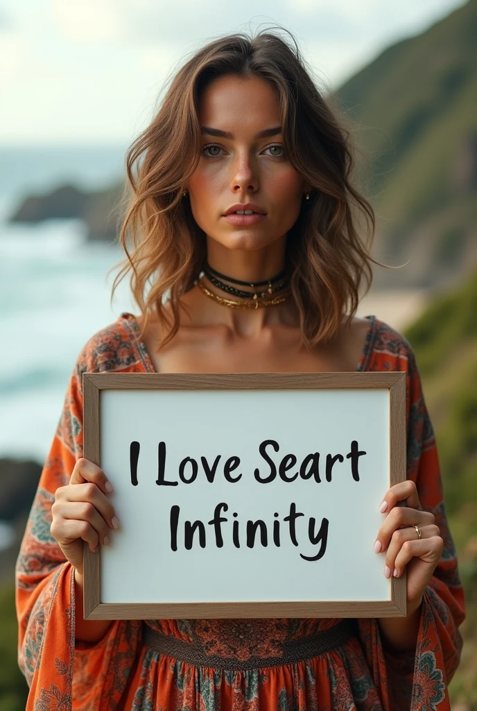 Beautiful girl with wavy long hair, bohemian dress, holding a white board with text "I Love Seaart Infinity" and showing it to the viewer