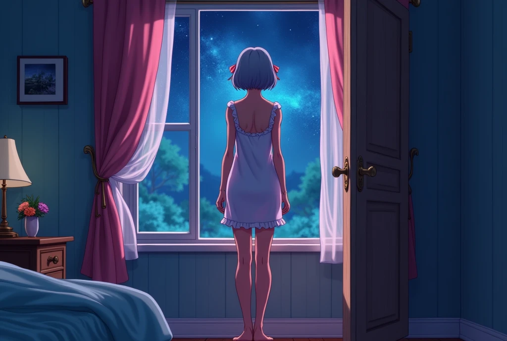 The scene where a house elder women turns her back and lock the door. Her back view of her wearing a nighty in the room. nighty with short slaves and open neck relax dress. The curtain should be closed the windows in the room and should be depicted inside the night. The background should be bright and colorful, dynamic, anime art.