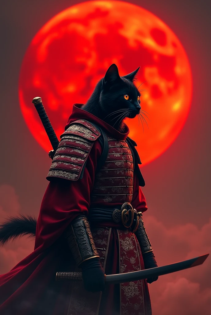 The image features a humanoid black cat with orange cat eyes in a red and silver samurai warrior's attire, standing against a backdrop of a large red moon the sky is glowing a dark red glow from the reflection of the moon light. The cat is positioned to the left side of the frame, facing right with its head slightly tilted upwards. It is wearing a detailed armor that resembles traditional samurai armor, complete with intricate designs and patterns. The armor is primarily red with silver accents, adding to the visual depth. The cat's ears are perked up, and its eyes are focused on something in the distance. A sword is sheathed on the cat's back, suggesting readiness for battle or a ceremonial stance holding a drawn sword at the ready to battle. The red moon in the background casts an orange hue over the scene, creating a dramatic and intense atmosphere, retina, accurate, masterpiece, super detail, high details, best quality, award winning, highres, HD, 4K, 8k, 16k, retina, accurate, masterpiece, anatomically correct, textured skin, super detail, high quality, award winning, highres, 8k, 16k