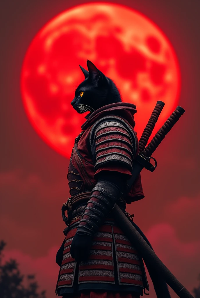 The image features a humanoid black cat with orange cat eyes in a red and silver samurai warrior's attire, standing against a backdrop of a large red moon the sky is glowing a dark red glow from the reflection of the moon light. The cat is positioned to the left side of the frame, facing right with its head slightly tilted upwards. It is wearing a detailed armor that resembles traditional samurai armor, complete with intricate designs and patterns. The armor is primarily red with silver accents, adding to the visual depth. The cat's ears are perked up, and its eyes are focused on something in the distance. A sword is sheathed on the cat's back, suggesting readiness for battle or a ceremonial stance holding a drawn sword at the ready to battle. The red moon in the background casts an orange hue over the scene, creating a dramatic and intense atmosphere, retina, accurate, masterpiece, super detail, high details, best quality, award winning, highres, HD, 4K, 8k, 16k, retina, accurate, masterpiece, anatomically correct, textured skin, super detail, high quality, award winning, highres, 8k, 16k