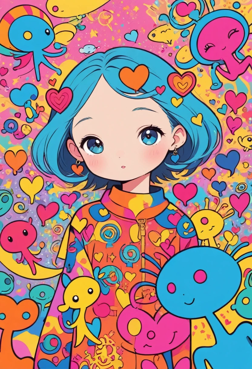 Keith Haring colorfull style, Simple Line Initialism，Abstract art，(((The most beautiful girl of all time))), Sweet face. colorful hearts, stylish design, (((Cute Aliens))), The background is space