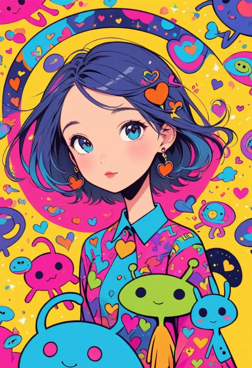 Keith Haring colorfull style, Simple Line Initialism，Abstract art，(((The most beautiful girl of all time))), Sweet face. colorful hearts, stylish design, (((Cute Aliens))), The background is space