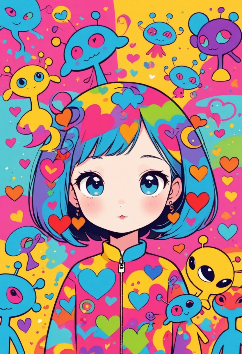 Keith Haring colorfull style, Simple Line Initialism,Abstract art,(((The most beautiful girl of all time))), Sweet face. colorful hearts, stylish design, (((Cute Aliens))), The background is space