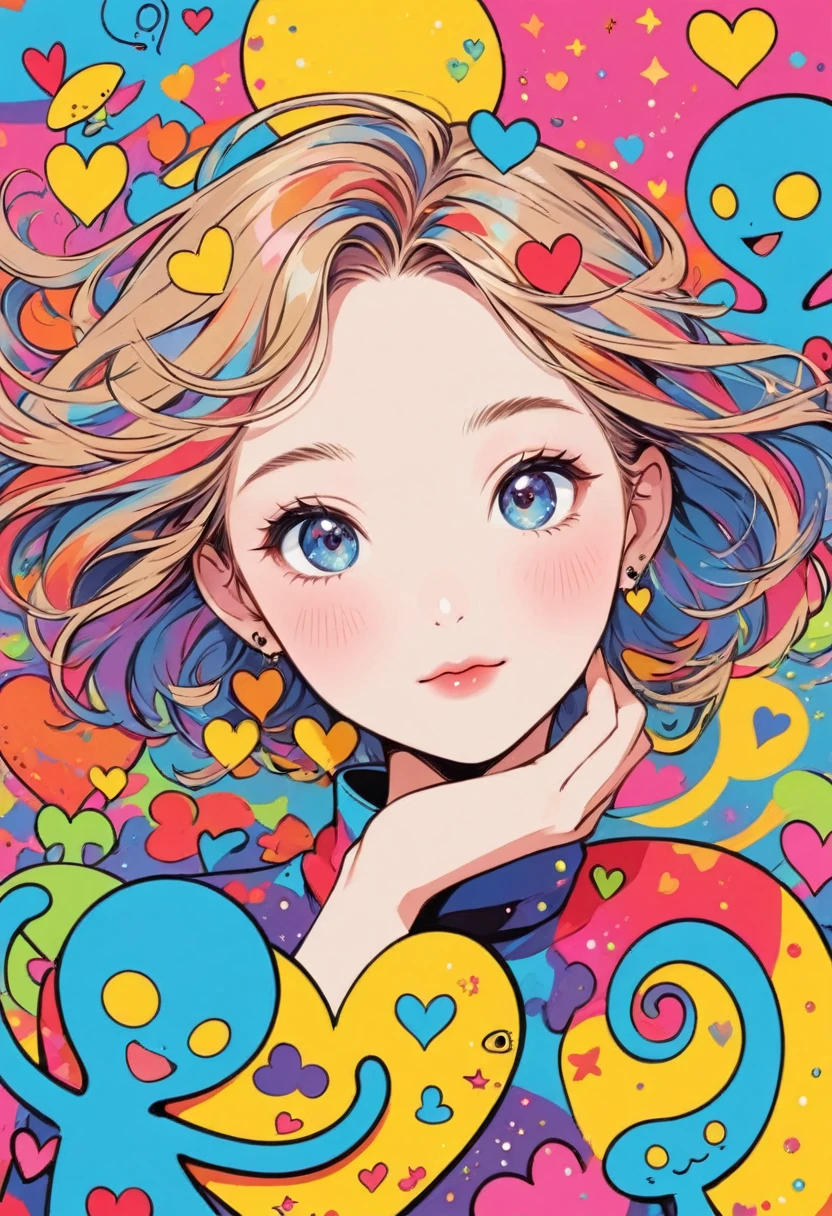 Keith Haring colorfull style, Simple Line Initialism,Abstract art,(((The most beautiful girl of all time))), Sweet face. colorful hearts, stylish design, (((Cute Aliens))), The background is space