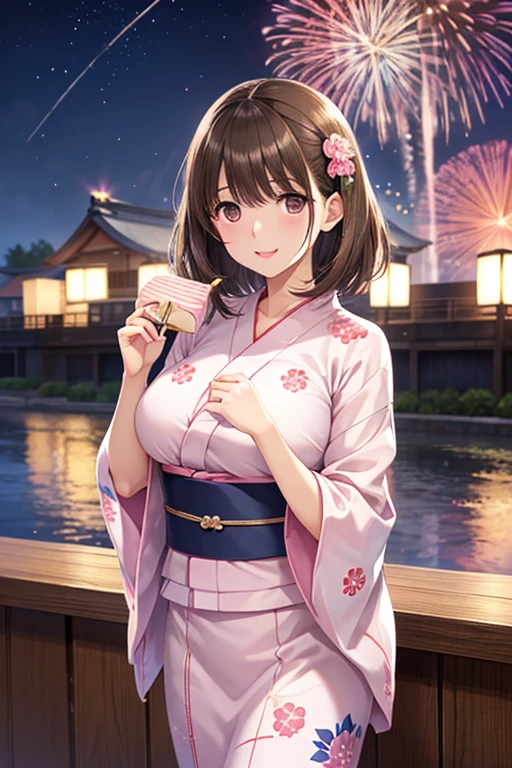 anegasaki nene、Shiny brown hair, short hair, (Beautiful brown eyes、Sparkling eyes, Fine grain)、smile、Ultra-detailed eyes、Highly detailed face, Highly detailed eyes,
Highest quality、Complete limbs、Full Finger、Slender beauty、
(Pink Yukata:1.3)、Floral Yukata、Summer festival、river、Beautiful big breasts、大きなsmile、eating cotton candy、Sexy pose、Night Sky、Soaring、Looking up at the fireworks