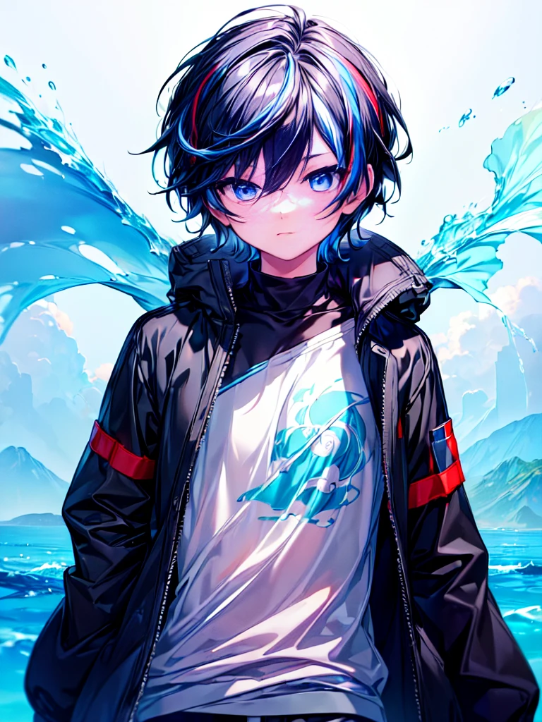 [(SKY BLUE BACKGROUND:1.5),::5], ((((masterpiece)))), high quality, ultra very high resolution, full color, (((solo))), (()), BLACK hair, ((Blue streaked short hair)), (oriental deepblue eyes), anime, ((upper body)), Summer clothes, black parka,