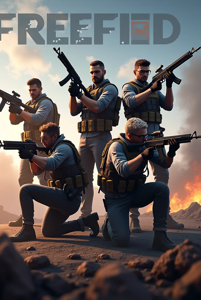 Free Fire is battle ground game
-Free fire name should be in the image
- The name of the team broken should be mentioned in character's
- At least 4 male characters
- Each character holding a rifle
- Out of 4 characters, 2 should be standing and 2 should be sitting pose