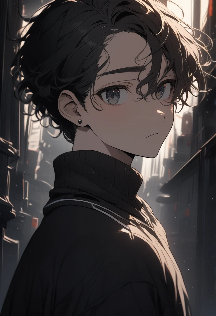 High school student, young man, teenager, quiet, cool, tall, no lower eyelashes, serious-looking man with shaved sides, wears black earrings and sweatshirt, short black hair, forehead visible, 8k , highly detailed, cinematic lighting, portrait, expressive, sharp focus, masterpiece