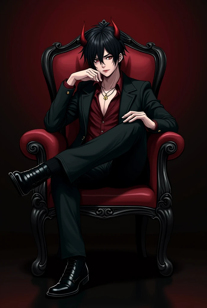 A person sit on chair in stylish pose and his name kartik in devil style anmie black desgin



